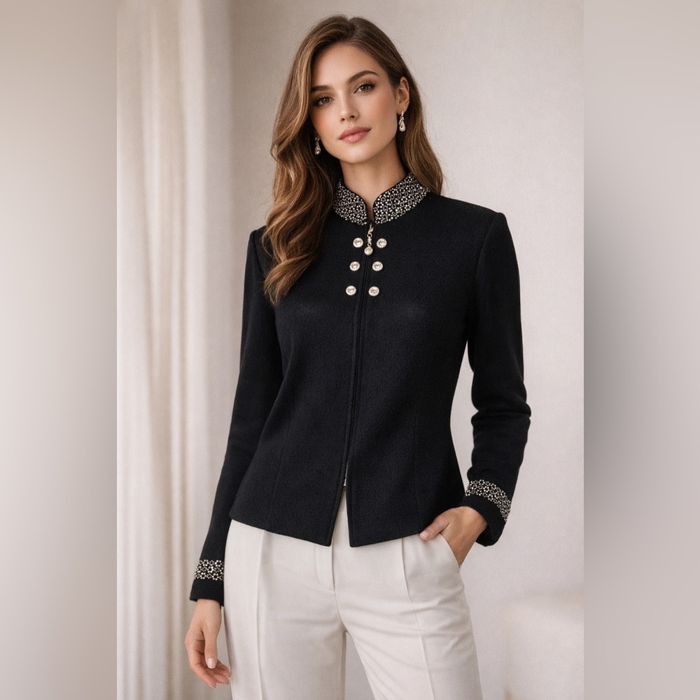 St John Evening Sweater Jacket with Crystal buttons & appliqué on collar size 2